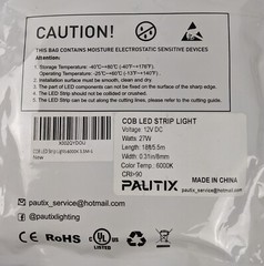 18ft/5.5m Pautix Strip Lights COB LED 6000K 12Vdc Daylight White w/Power Supply