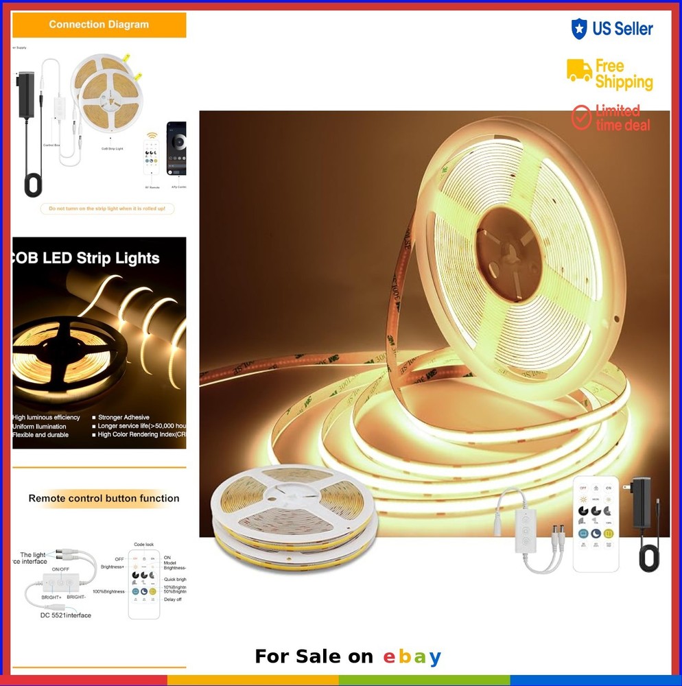 COB LED Strip Lights 65ft 24V Dimmable with Remote and App Control 3000K Warm