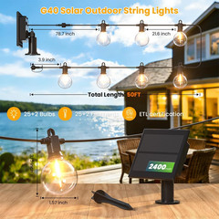 50FT Solar String Lights Outdoor Waterproof IP65 with Usb-Charging , Solar Power