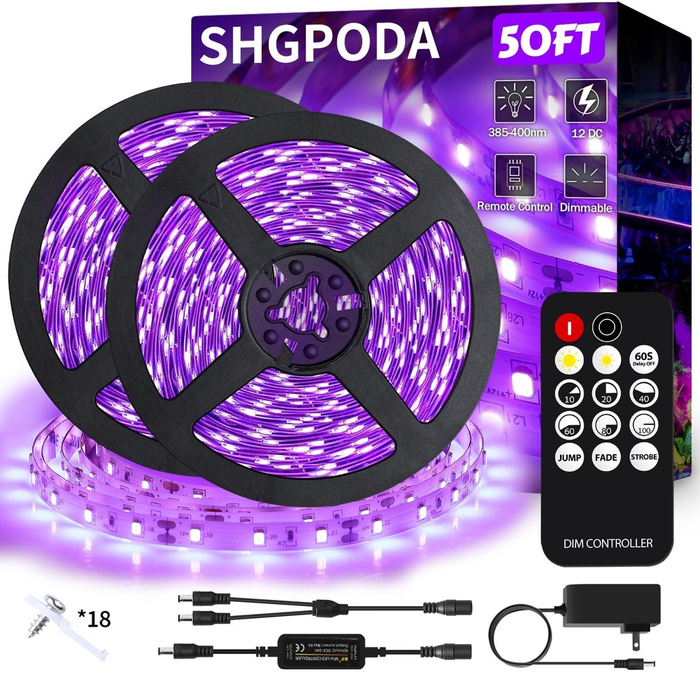 Black Light Strip 50ft 900 LEDs Dimmable 12V 385-400nm – Perfect for Glow