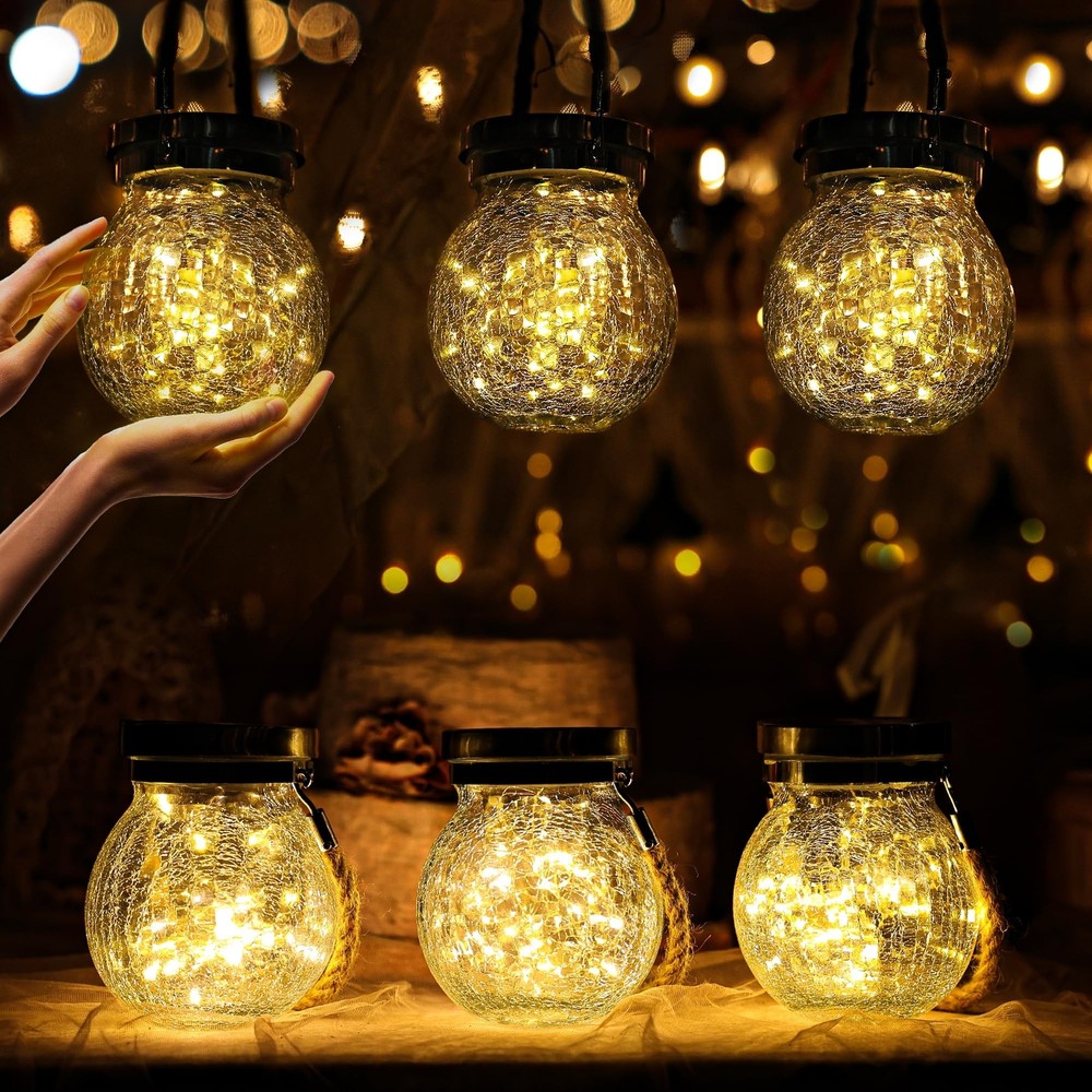 Cooo 6 Pack Heavy Crackle Glass Solar Lantern with 30 LED Firefly Lights–