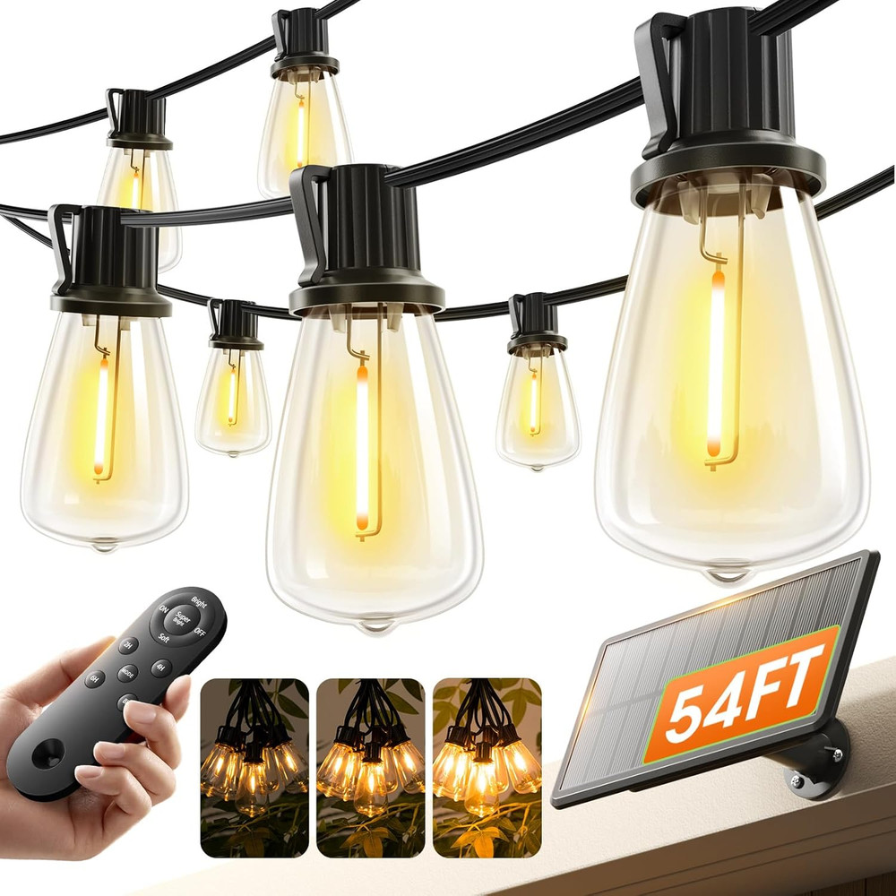 54FT Solar String Lights Outdoor Waterproof with USB Charging & Remote, Dimmable