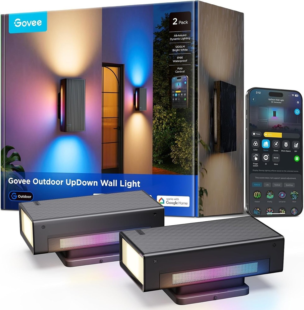 Outdoor UpDown Wall Light, 2 Pack, 1200LM RGBICWW Smart Porch Lights | 64 Scene