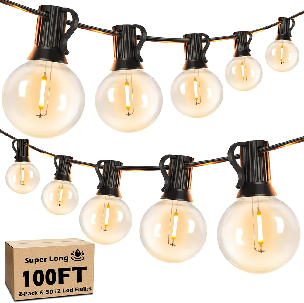100FT LED Outdoor String Lights Patio Light with 52 Shatterproof G40 Dimmable Gl