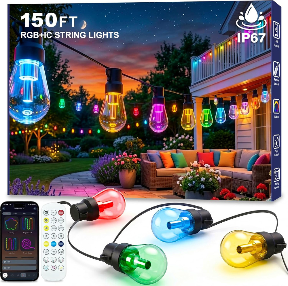 Outdoor String Lights, 150FT RGB+IC outside Light Dimmable Shatterproof LED Bulb
