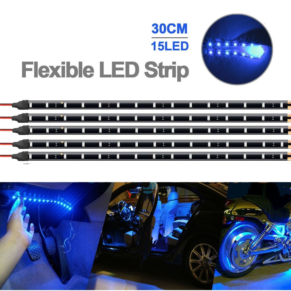 Blue 5PCS 12V 12″ 15SMD Flexible LED Strip Light Waterproof For Car Truck Boat