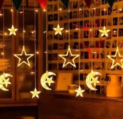 Twinkle Moon Star LED Curtain String Light USB for Indoor Window, Kids Room