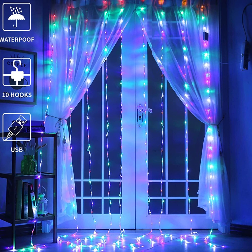 300-LED Curtain Light for Bedroom Wall Plug in Window Hanging Fairy String Light