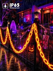 BATTERY HALLOWEEN CHAIN LIGHTS 10 FT 160 LED ORANGE TIMER YARD DECOR