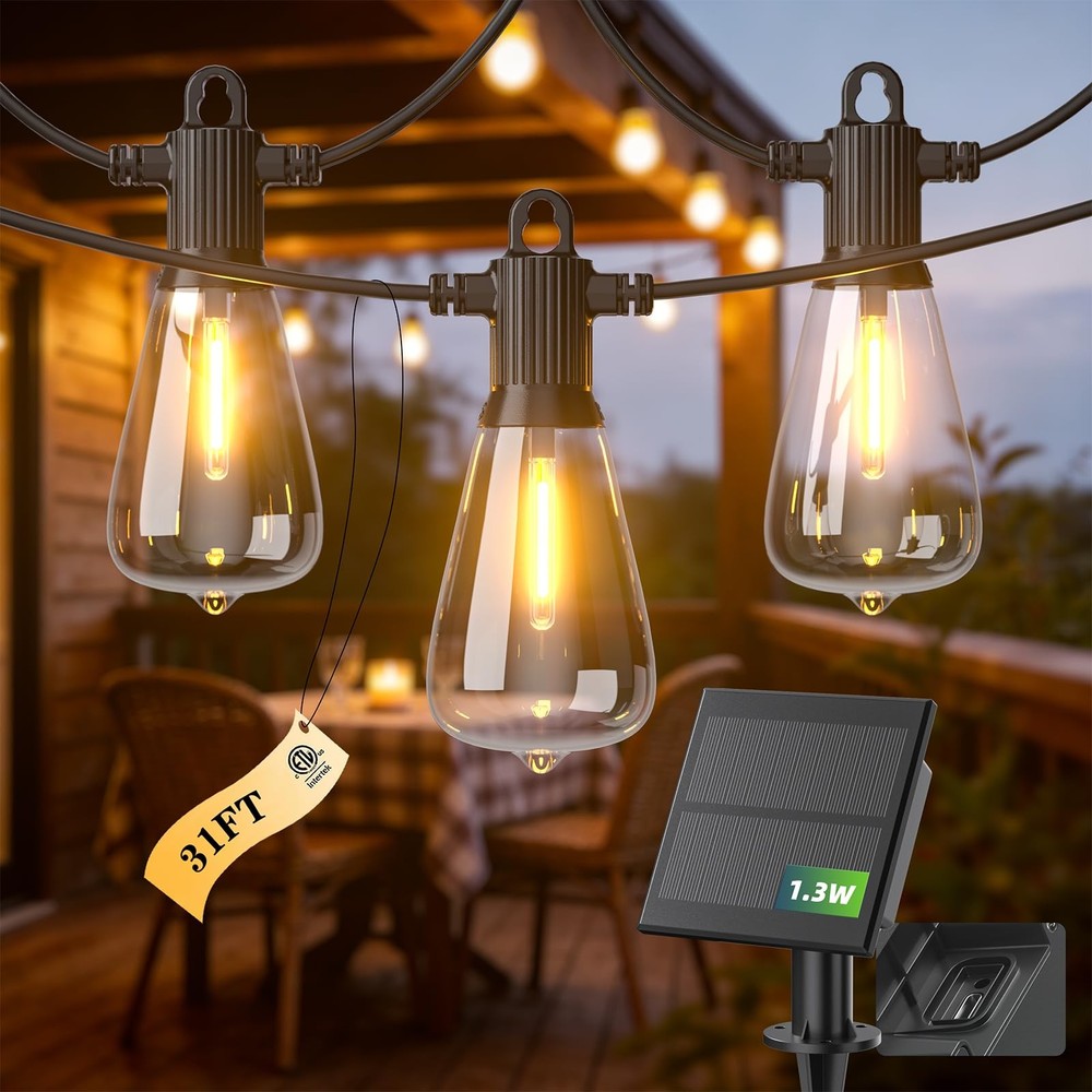 31FT Solar String Lights Outdoor Waterproof IP65 with USB-Charging , Solar Po…