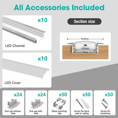 10-Pack 6.6Ft/2Meter Silver Recessed LED Aluminum Channel for LED Strip Lights D