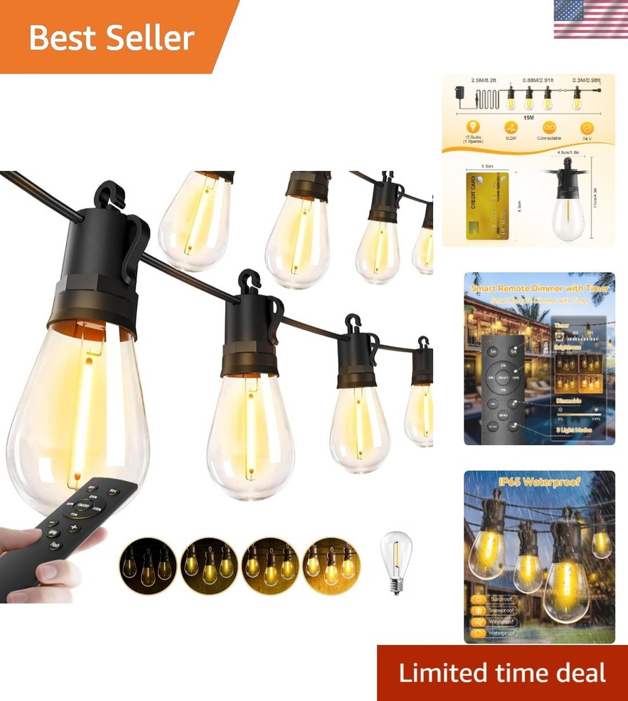 50Ft Waterproof and Dimmable Outdoor String Lights with 15 S14 Edison Bulbs