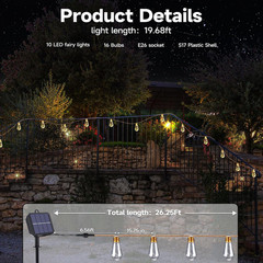 Solar Outdoor String Lights, 20Ft Vintage Rope Hemp Solar Patio Lights, Waterpro