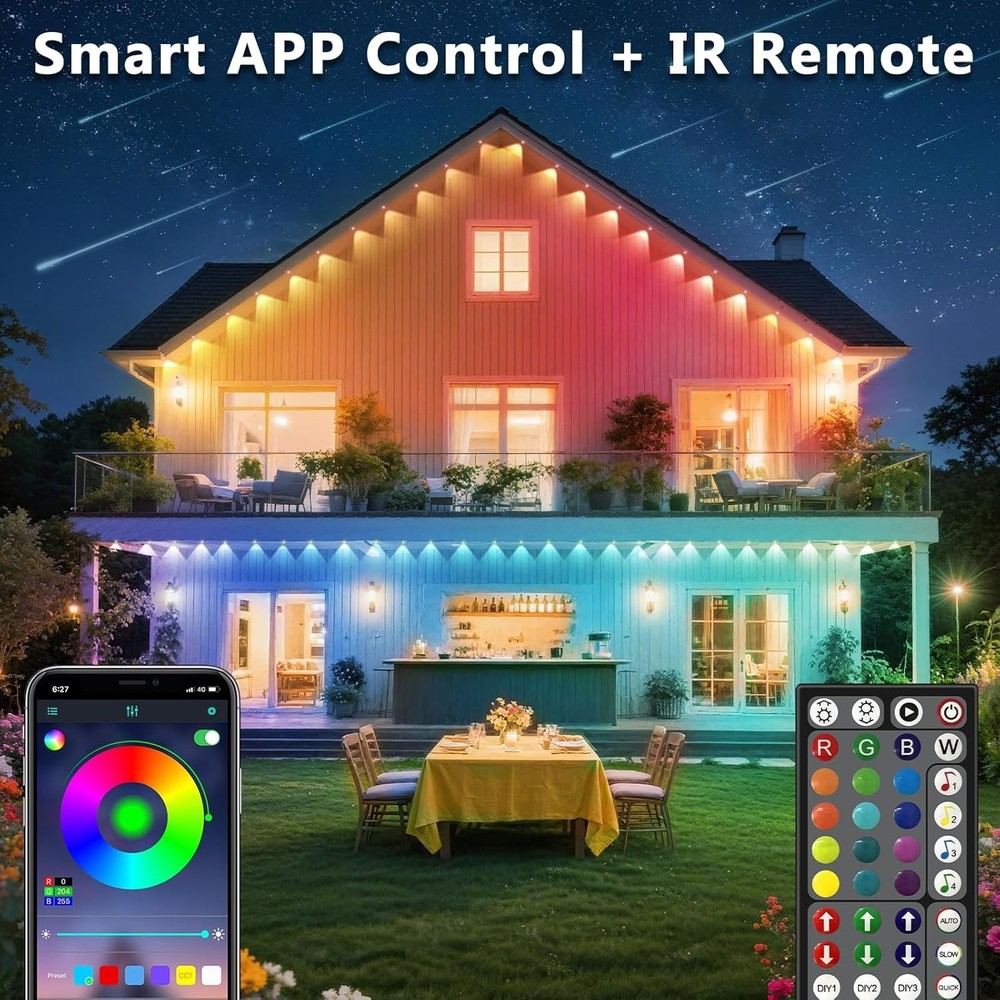 300FT Outdoor Lights with App/Remote Control Eaves Light, DIY LED Scenes Modes