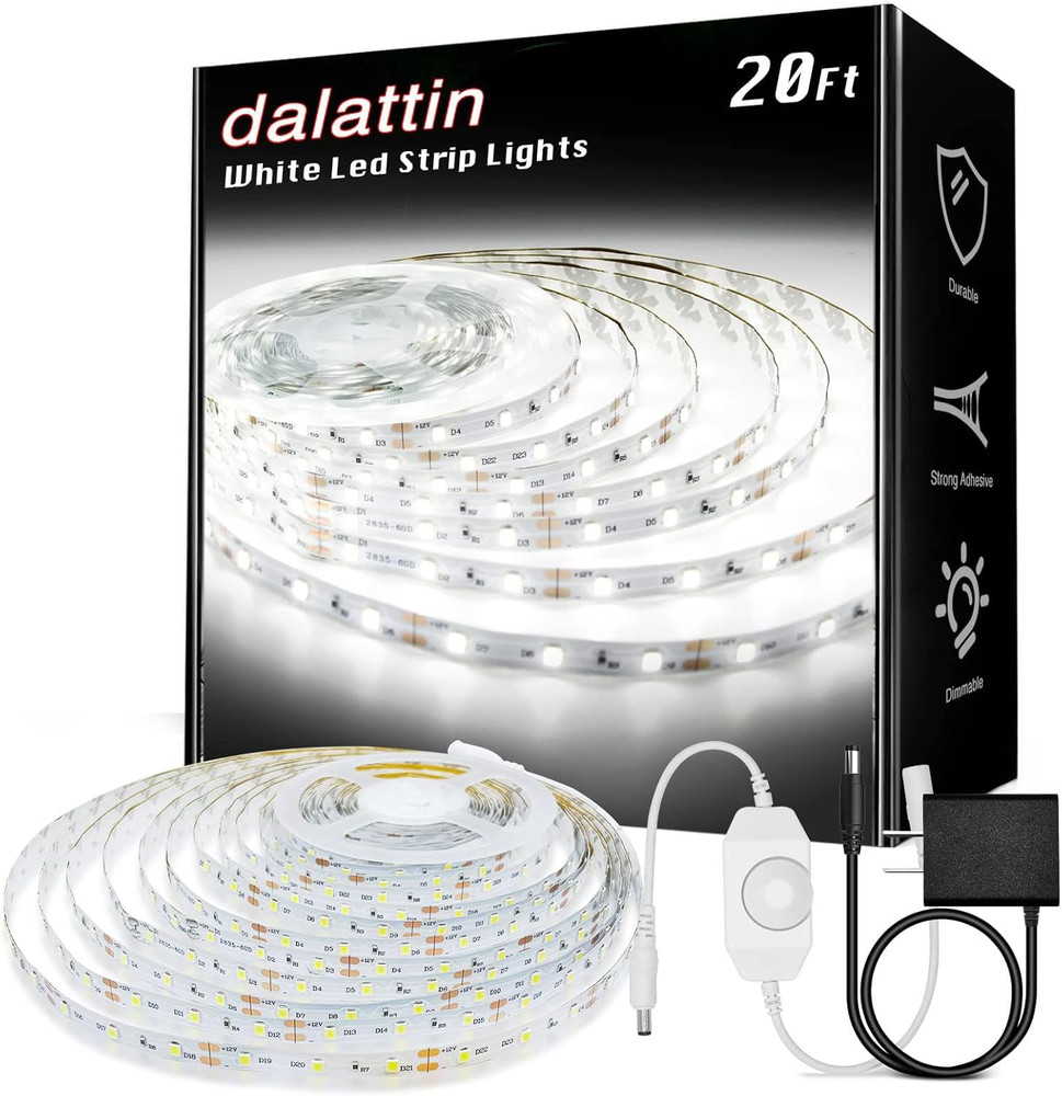 White LED Strip Lights, 20Ft Dimmable Super Bright 24V Led Tape Light 6500K 360