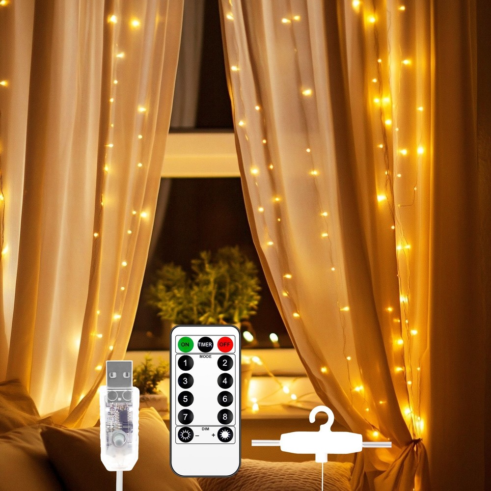 300 LED Fairy Curtain Lights 9.8×9.8Ft USB Powered Waterproof Twinkle Wall Light