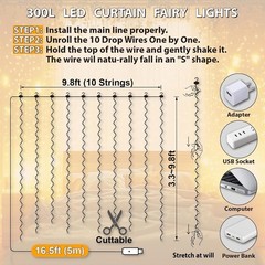 300LED Fairy Curtain Lights, 9.8×9.8Ft USB Plug-in 8 Modes Christmas String H…