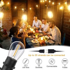 48ft LED Outdoor Waterproof Patio String Lights Dimmable S14 Plastic Bulb Remote