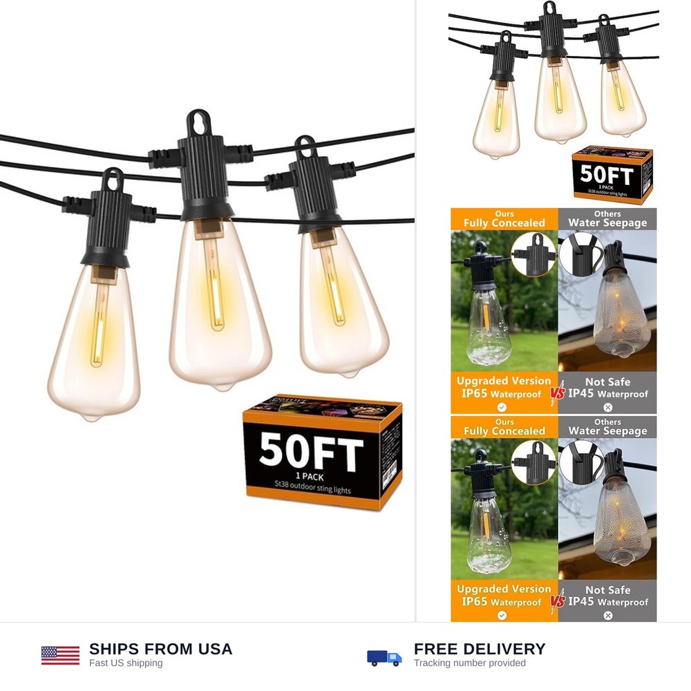 ZOTOYI Outdoor String Lights 50 FT, Patio Bulbs with 27 LED Plastic Edison ST…