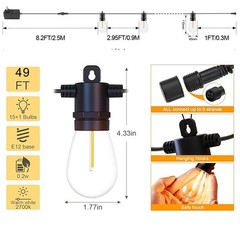 49FT Outdoor String Lights Dimmable Remote IP65 Waterproof Christmas Lights