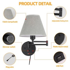 PULLCU Swing Arm Wall Lamp.Wall Mount Lamp Dimmable Switch.Plug In Wall Sconces