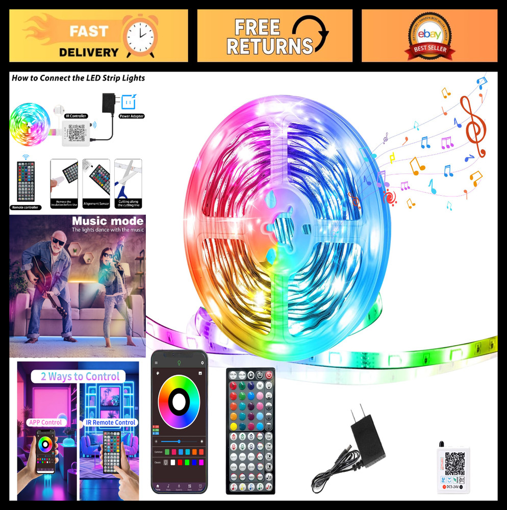 50FT RGB LED Strip Lights – Color Changing, Music Sync, Remote & App Control, DI