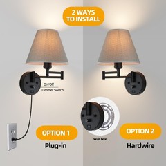 PULLCU Swing Arm Wall Lamp.Wall Mount Lamp Dimmable Switch.Plug In Wall Sconces
