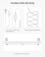 110V 120V LED Strip Lights Waterproof 16.4ft COB 5M (No Remote) Cold White