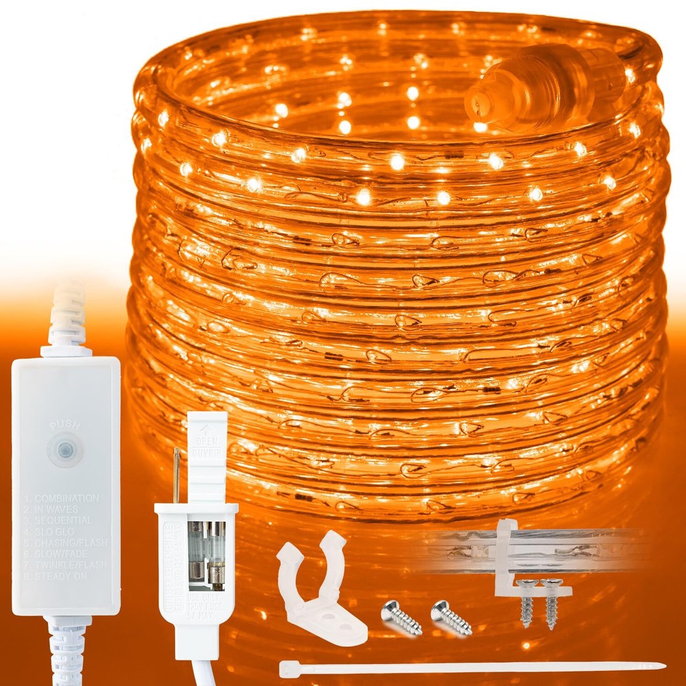 Orange 8-Mode LED Outdoor Waterproof Rope Light 10′ 25′ 50′ 100′ 150′ 300’ft
