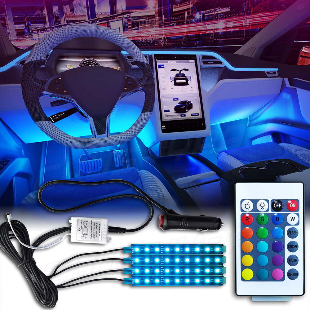 4PCS RGB Car LED Light Strip Interior Atmosphere Lamp Remote Control For Cars US