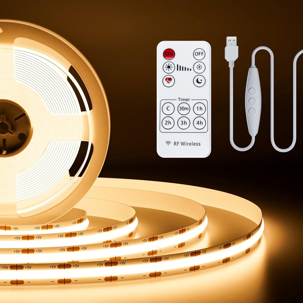 Dimmable 5V USB LED Strip Light 6.56ft, 1200lm, Warm White, RF Remote, Flexible
