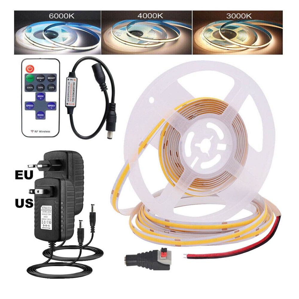 12V 24V COB Led Strip Flexible Tape Lights RF Remote Dimmable EU US Plug 1m~10m