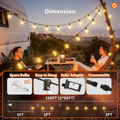 100FT Outdoor String Lights G40 with Remote, 54 LED Shatterproof Bulbs, Dimmable