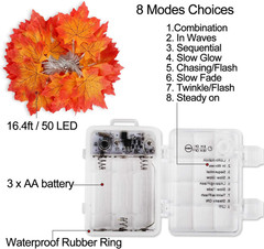 50 LED 16.4Ft Thanksgiving Decorations Fall Garland String Lights with Timer, Li