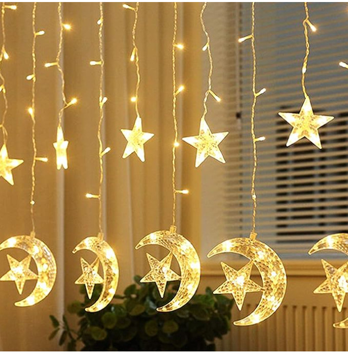 Twinkle Moon Star LED Curtain String Light USB for Indoor Window, Kids Room