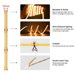 5M Linear Dimmable 24V 12V COB LED Strip Light 10mm 528LED 16.4ft/roll UL Listed