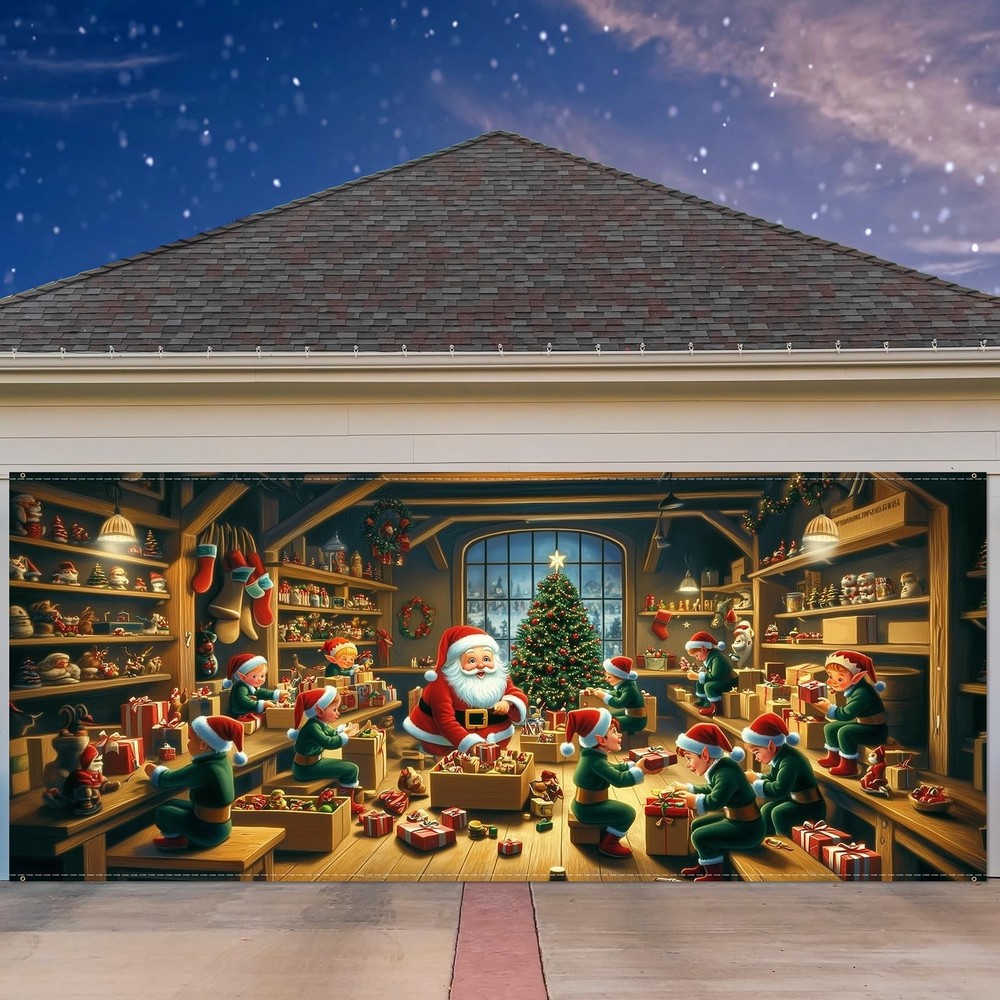 Tingjoo 7 x 16 ft Christmas Garage Door Cover Banner 7 x 16 ft, red