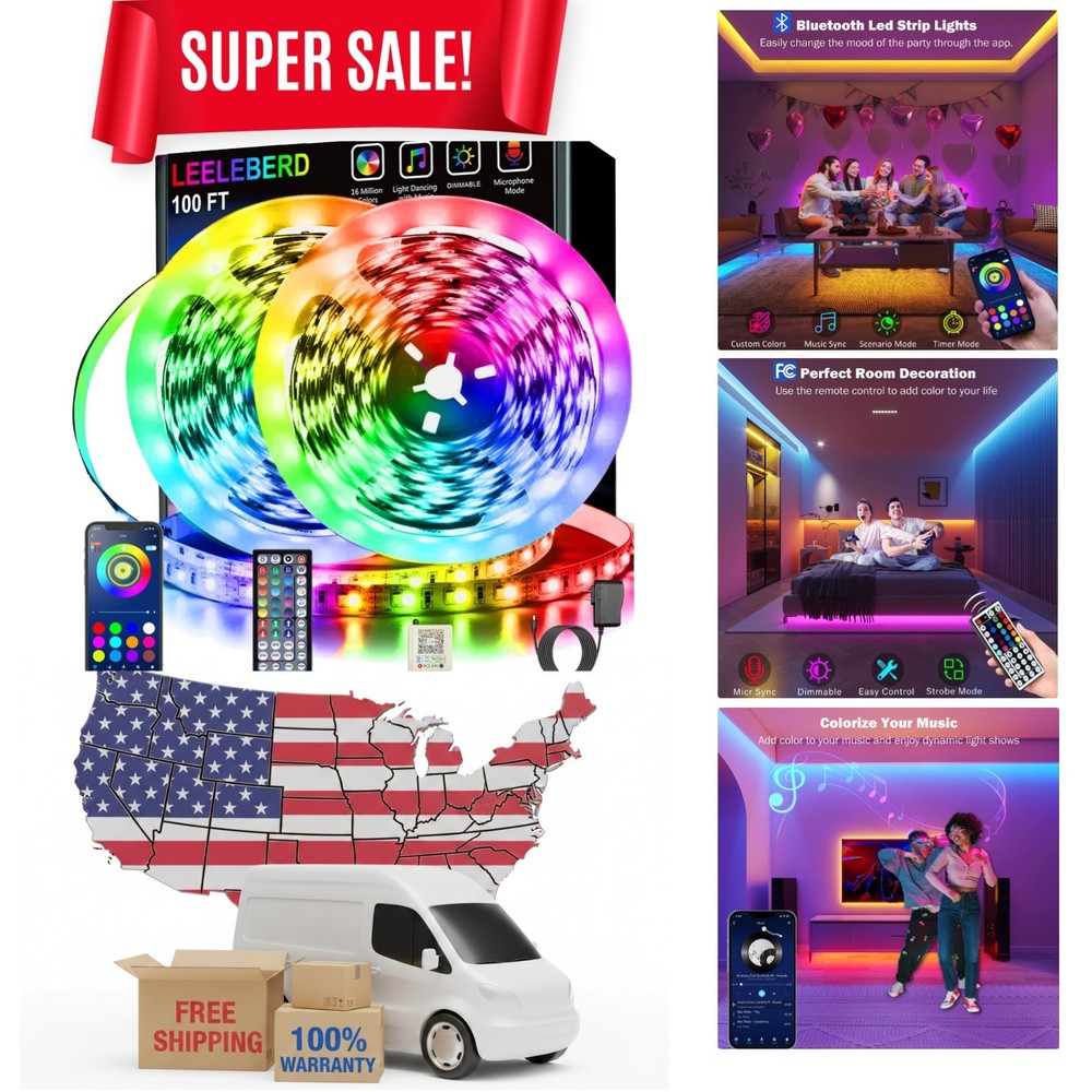 Modern 100ft Flexible RGB LED Strip Lights with DIY Modes & Easy Installation