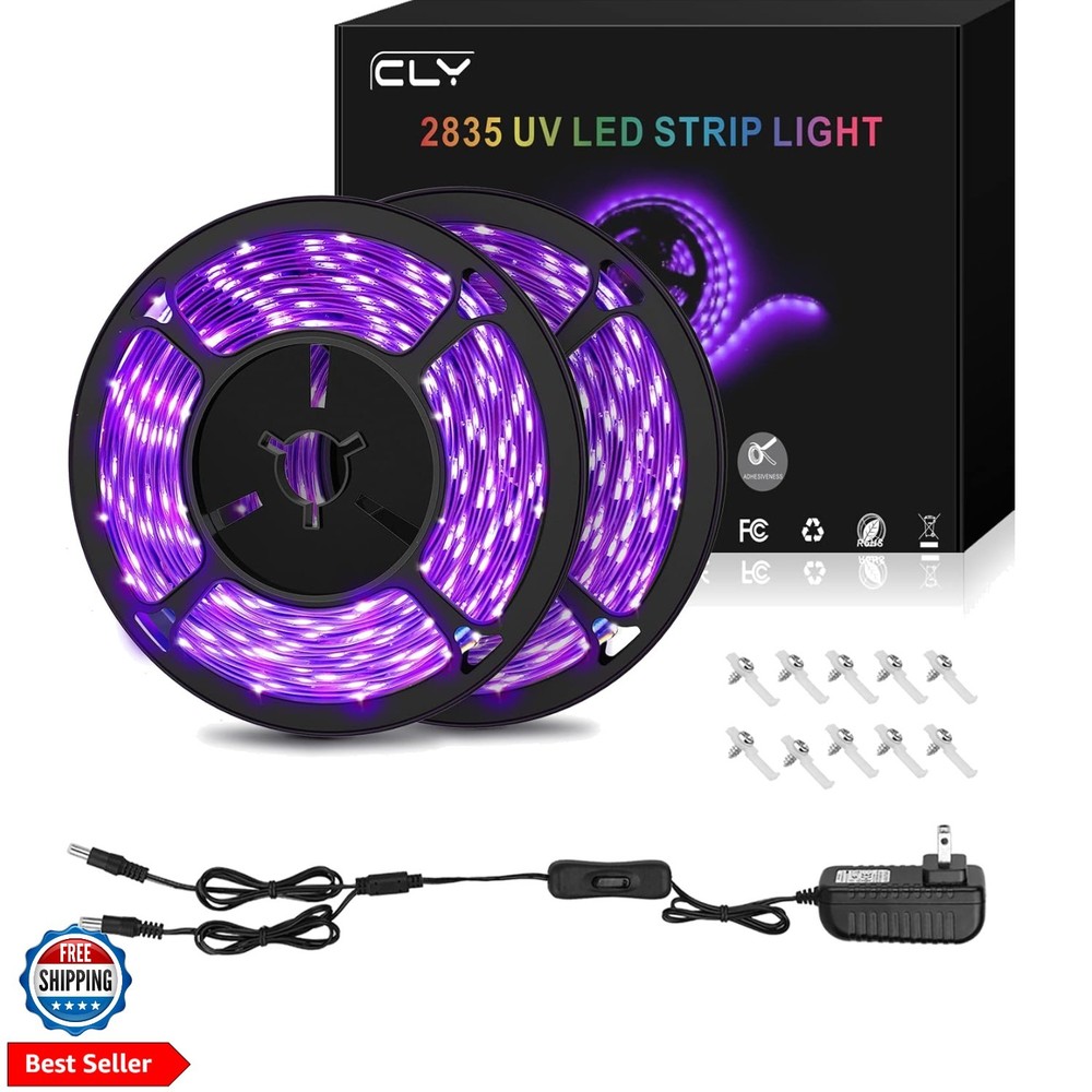 33ft LED UV Black Light Strip Kit, 600 Units UV Lamp Beads, 12V Flexible Blac…