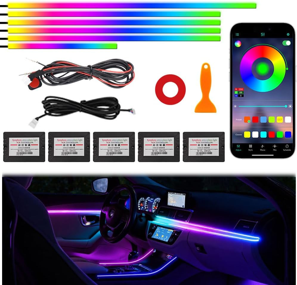 Acrylic Interior Car Ambient Lighting Kits, LED Strip Lights with Wireless APP,