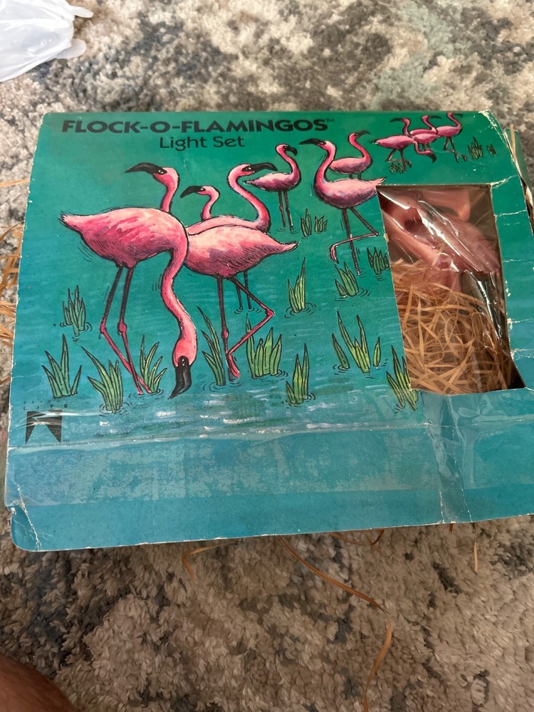 Vintage Flock-O-Flamingos String Light Set 10 Flamingo Lights With Original Box