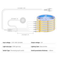 4000K 12V 3.3Ft COB LED Strip Lights Kit Touch Dimmable 36W Adapter Shelf