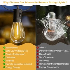 49FT Outdoor String Lights Dimmable Remote IP65 Waterproof Christmas Lights