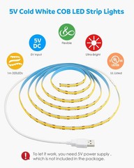 USB Led Light Strip COB Led Strip Lights 5V Daylight Cold White 6000K 3.28FT …