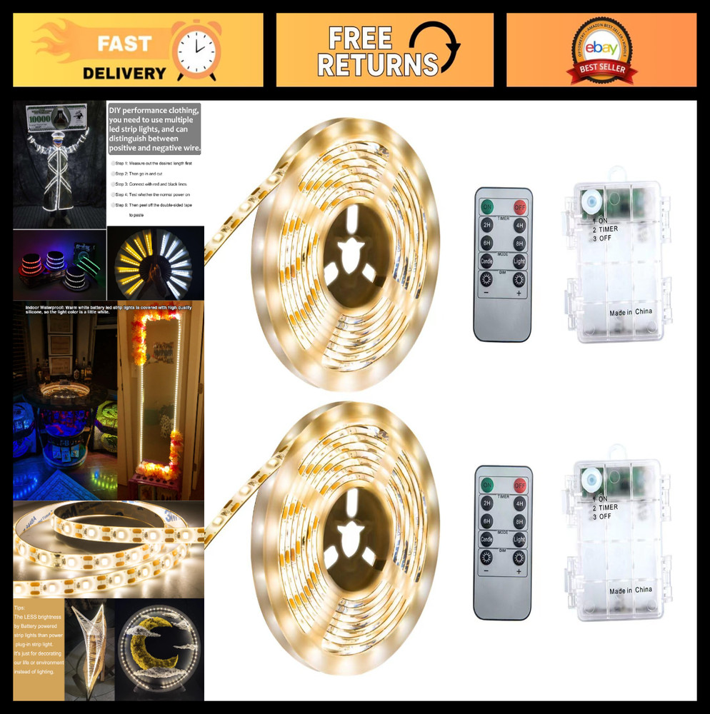 Dimmable 13.2ft Battery Powered LED Strip Lights, Warm White, Waterproof, Remote