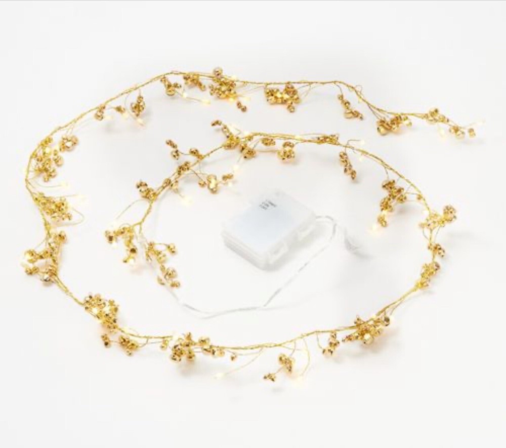 Scott Living Gold Jingle Bell Garland w/ LED Fairy Lights NEW