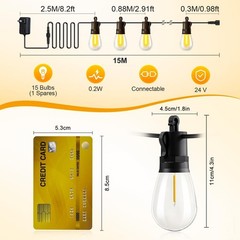 50Ft Waterproof and Dimmable Outdoor String Lights with 15 S14 Edison Bulbs