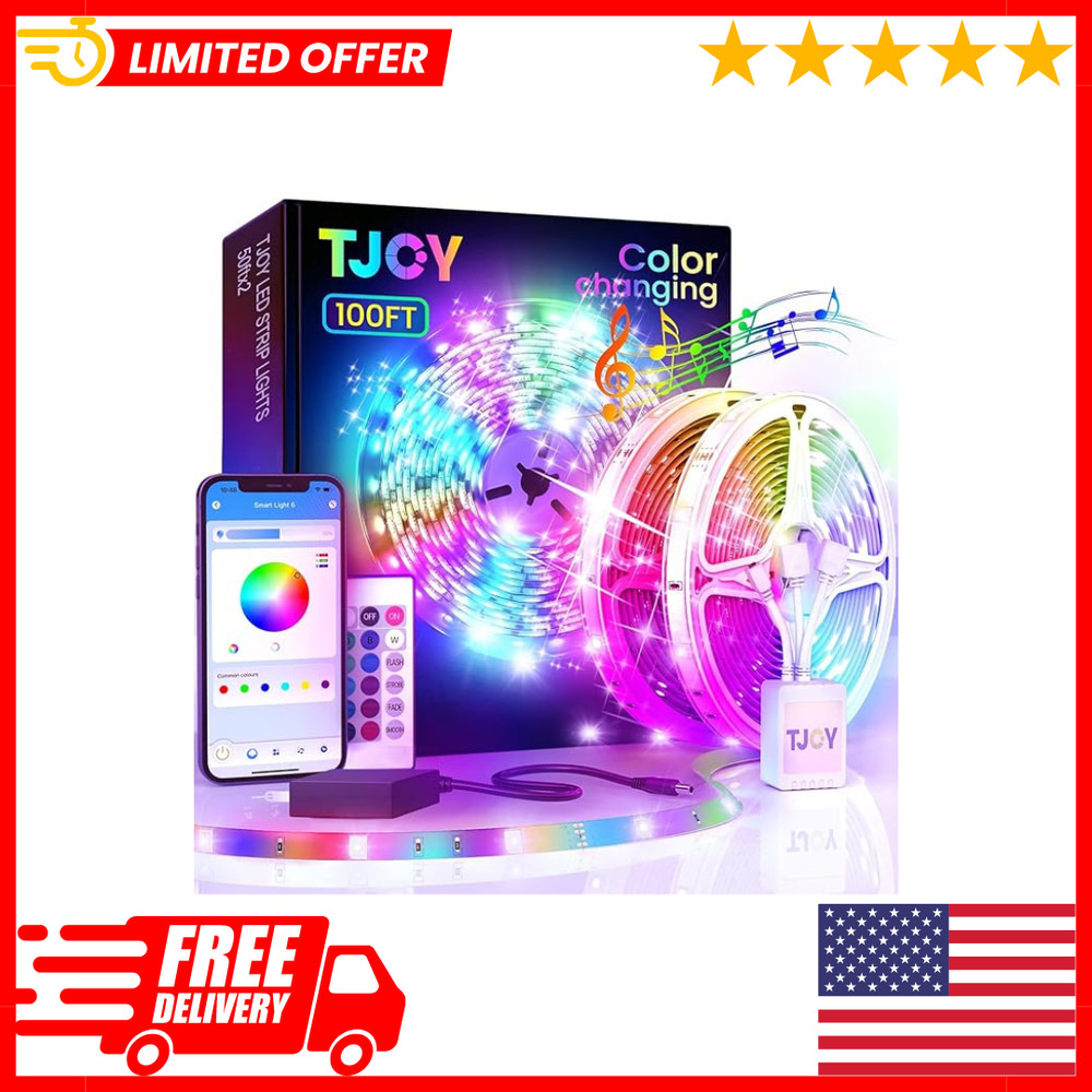100ft Bluetooth RGB Color Change LED Strip Lights Music Sync, APP/Remote Control