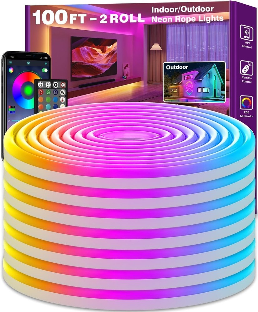 100FT Flexible Led Neon Rope Lights App Remote Control Party Decoration