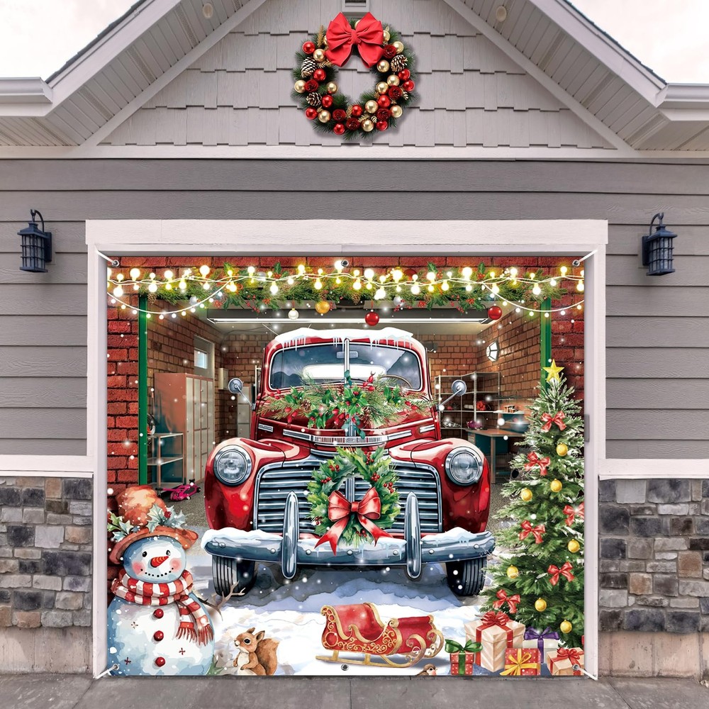 Christmas Garage Door Banner Cover Decorations,7 x 8 Ft Red Truck 7′ x 8′